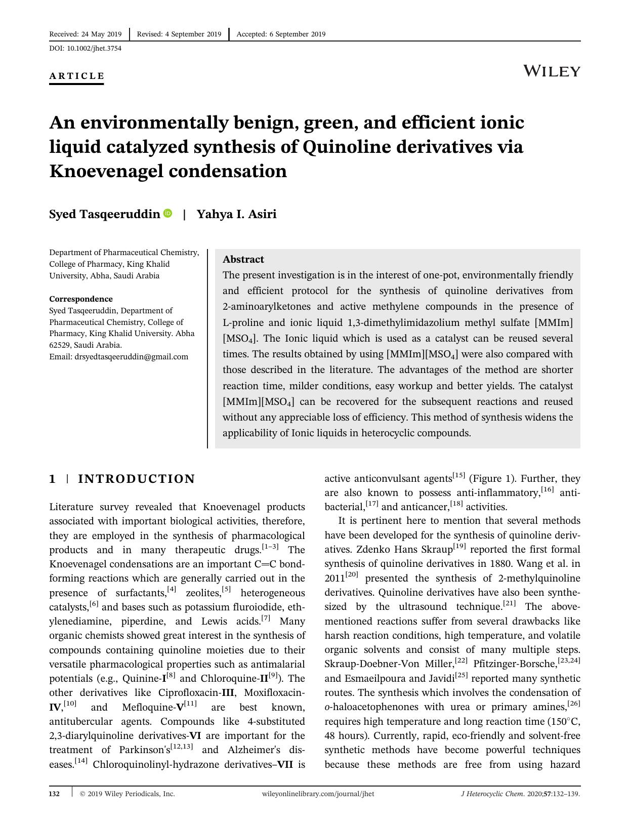 An environmentally benign, green, and efficient ionic liquid catalyzed synthesis of Quinoline derivatives via Knoevenagel condensation by Syed Tasqeeruddin & Yahya I. Asiri