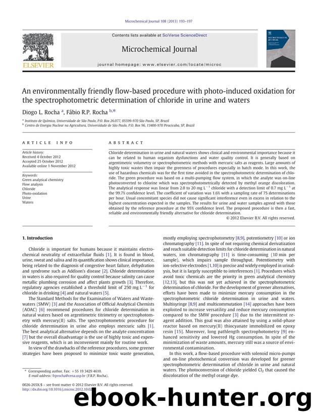 An environmentally friendly flow-based procedure with photo-induced oxidation for the spectrophotometric determination of chloride in urine and waters by Diogo L. Rocha & Fábio R.P. Rocha