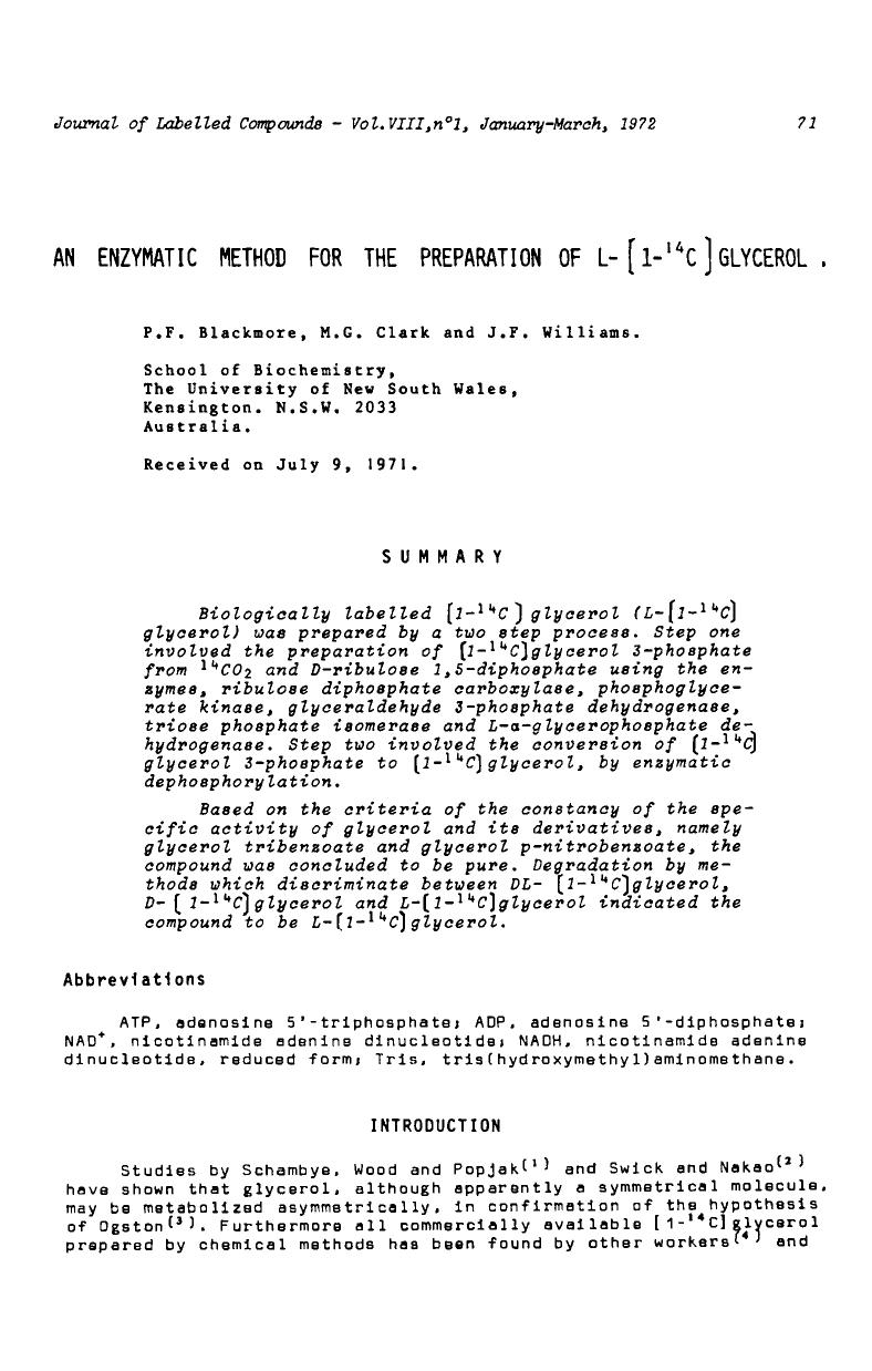 An enzymatic method for the preparation of L- [1-14C] glycerol by Unknown