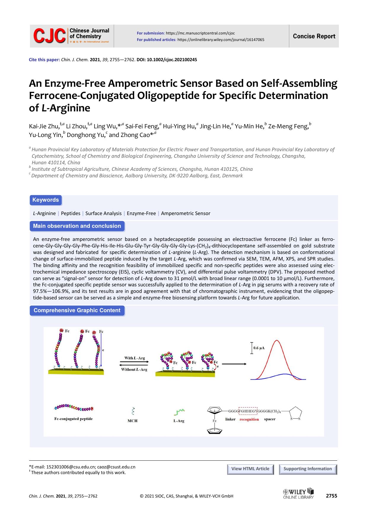 An enzyme-free amperometric sensor based on self-assembling ferrocene-conjugated oligopeptide for specific determination of L-arginine by mumian