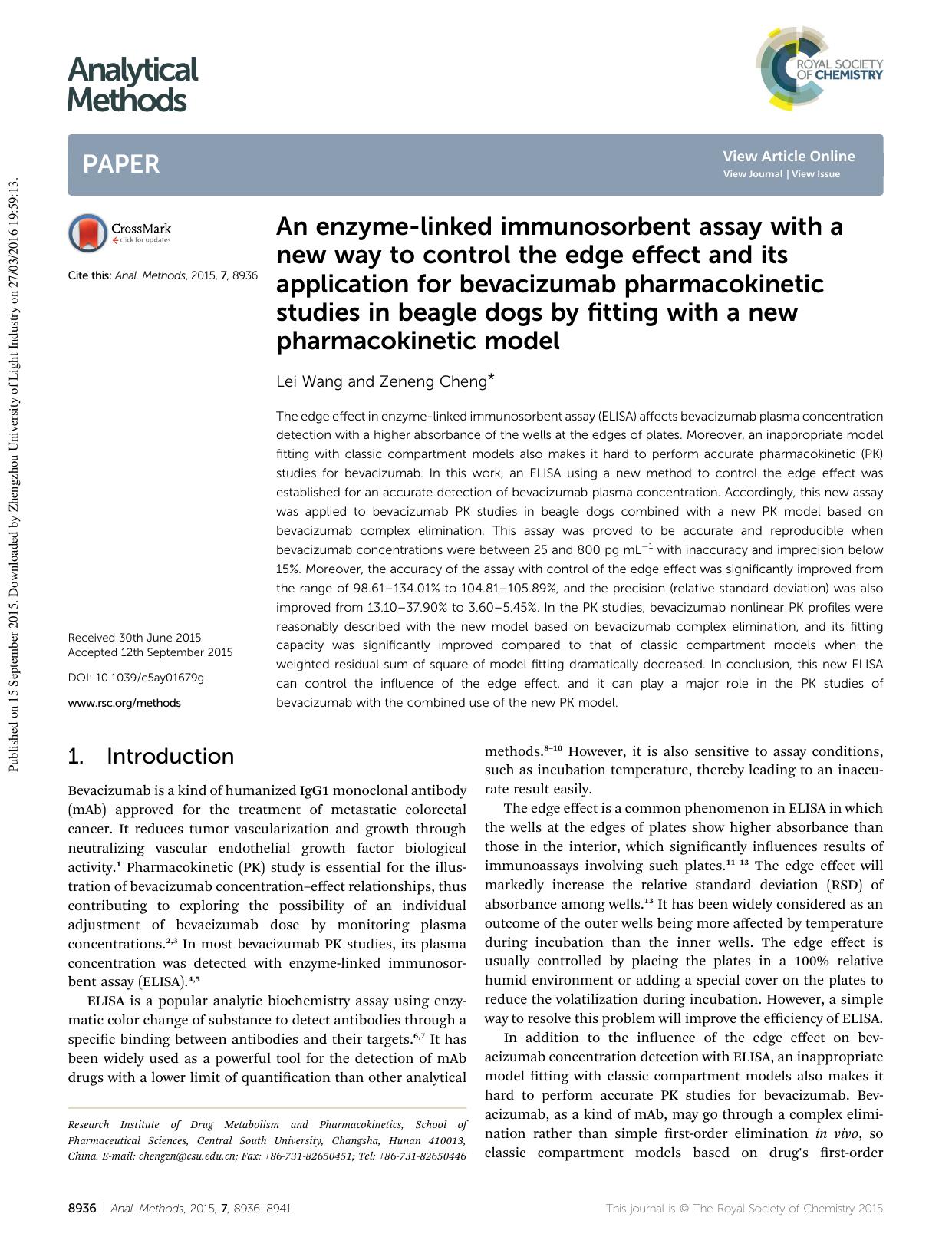 An enzyme-linked immunosorbent assay with a new way to control the edge effect and its application for bevacizumab pharmacokinetic studies in beagle dogs by fitting with a new pharmacokinetic model by Lei Wang & Zeneng Cheng