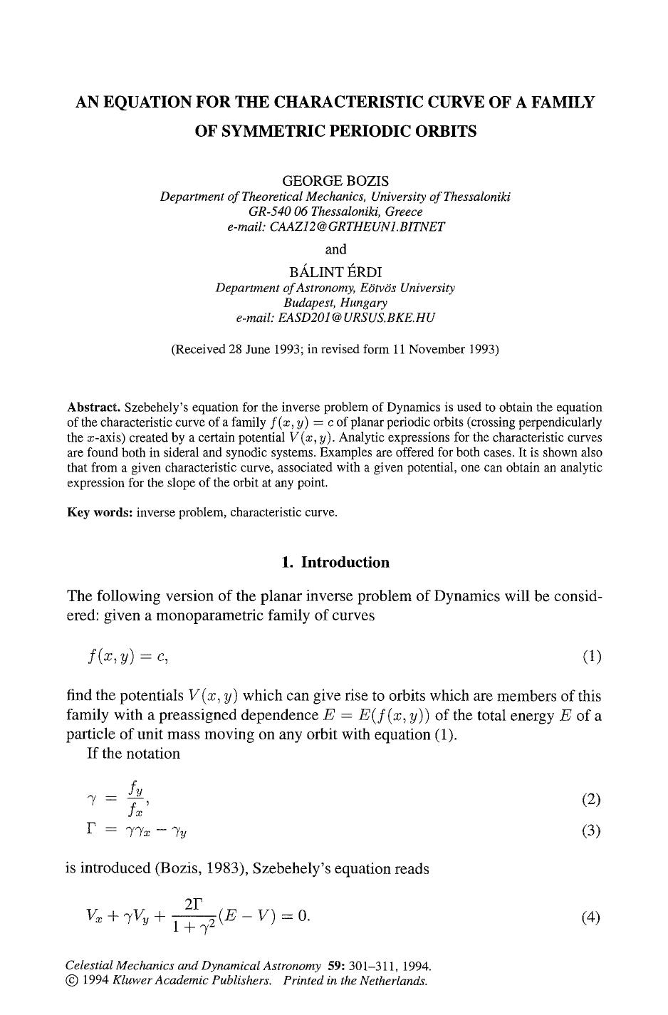 An equation for the characteristic curve of a family of symmetric periodic orbits by Unknown