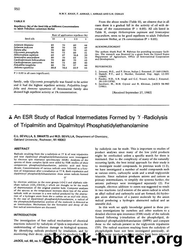 An esr study of radical intermediates formed by &#x03B3; - radiolysis of tripalmitin and dipalmitoyl phosphatidylethanolamine by Unknown