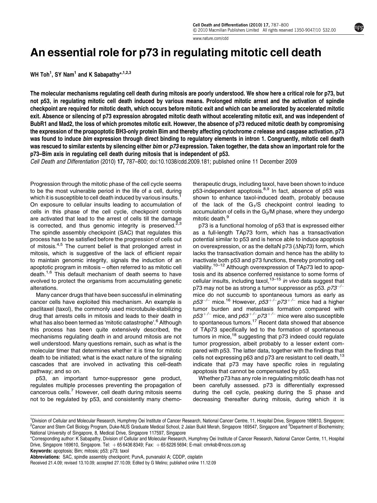 An essential role for p73 in regulating mitotic cell death by W H Toh & S Y Nam & K Sabapathy