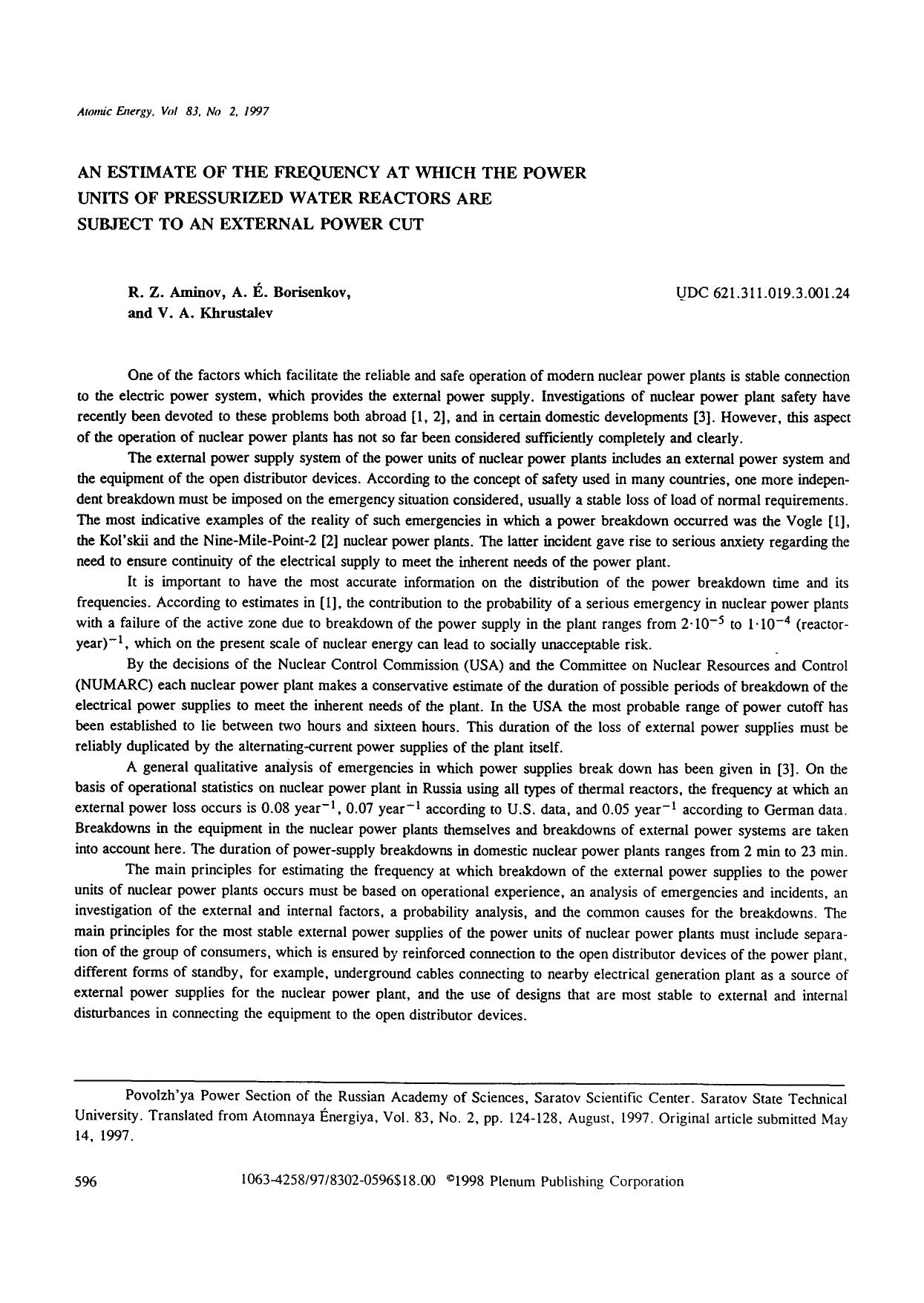 An estimate of the frequency at which the power units of pressurized water reactors are subject to an external power cut by Unknown