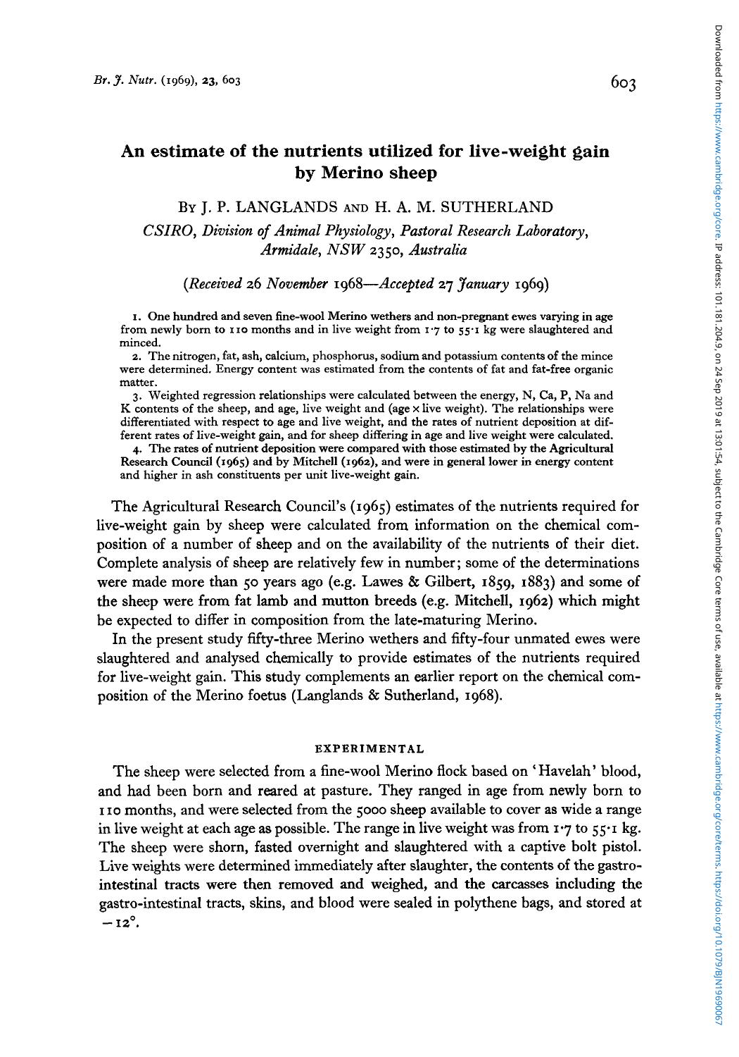 An estimate of the nutrients utilized for live-weight gain by Merino sheep by J. P. Langlands H. A. M. Sutherland