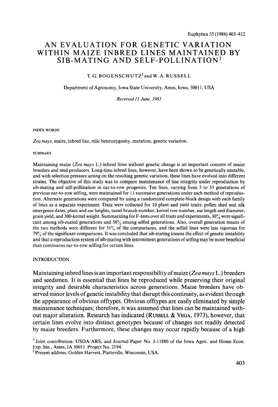 An evaluation for genetic variation within maize inbred lines maintained by sib-mating and self-pollination by Unknown