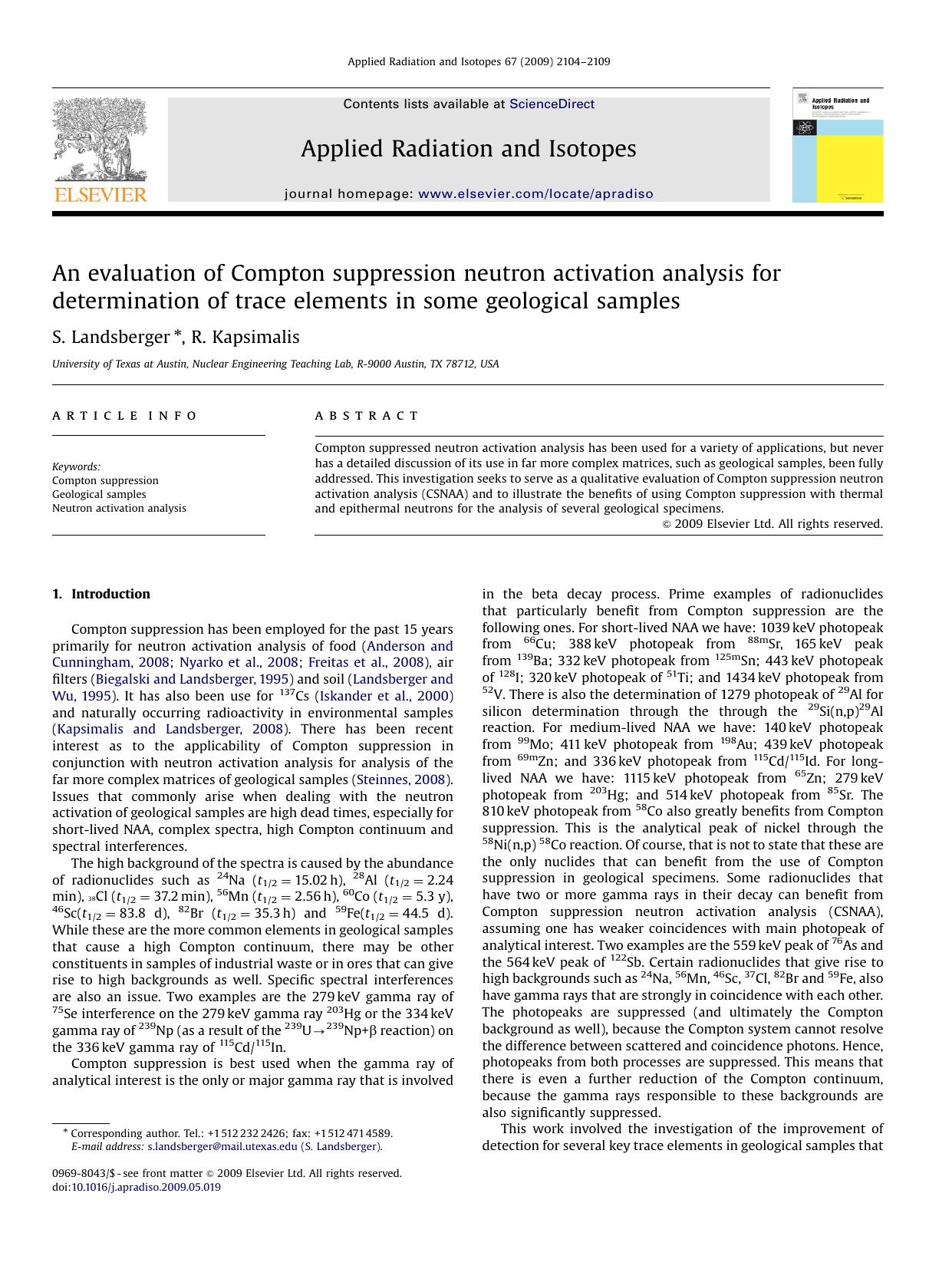 An evaluation of Compton suppression neutron activation analysis for determination of trace elements in some geological samples by S. Landsberger; R. Kapsimalis