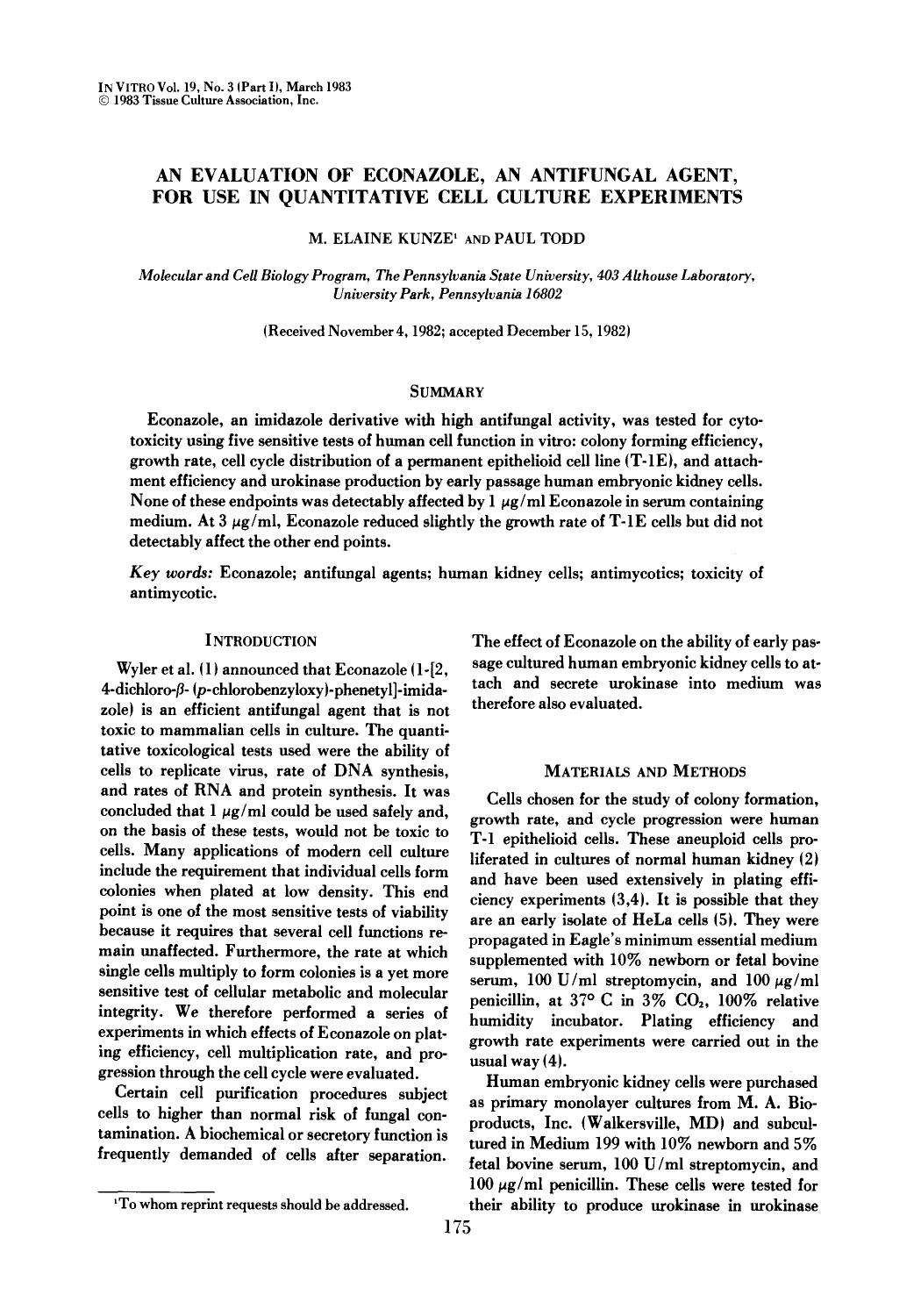 An evaluation of Econazole, an antifungal agent, for use in quantitative cell culture experiments by Unknown
