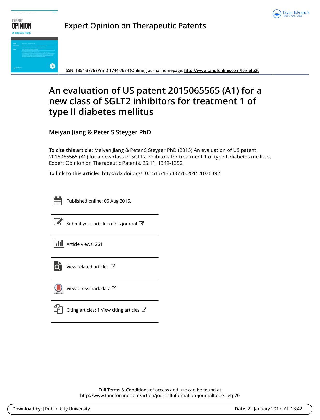 An evaluation of US patent 2015065565 (A1) for a new class of SGLT2 inhibitors for treatment 1 of type II diabetes mellitus by Meiyan Jiang & Peter S Steyger