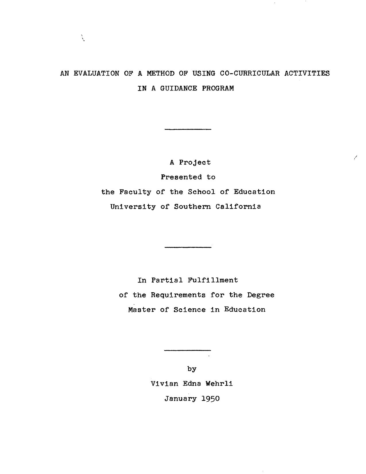 An evaluation of a method of using co-curricular activities in a guidance program by Wehrli Vivian Edna