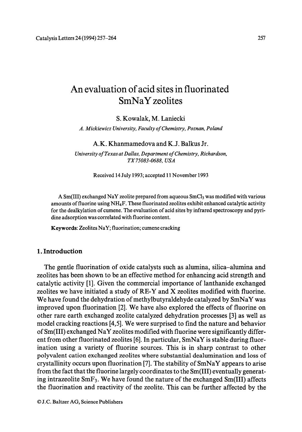 An evaluation of acid sites in fluorinated SmNaY zeolites by Unknown