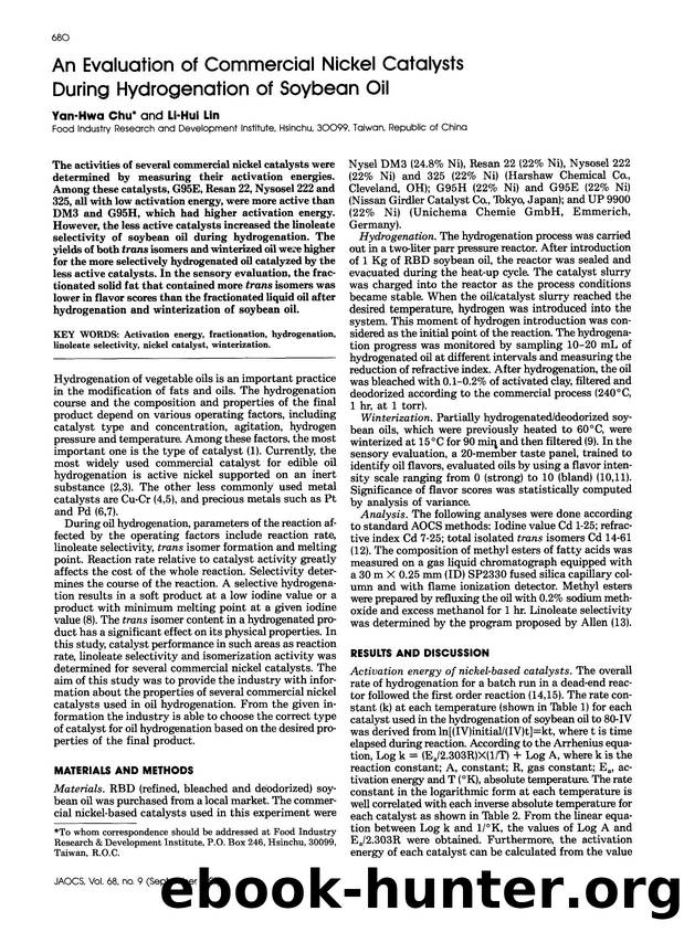 An evaluation of commercial nickel catalysts during hydrogenation of soybean oil by Unknown
