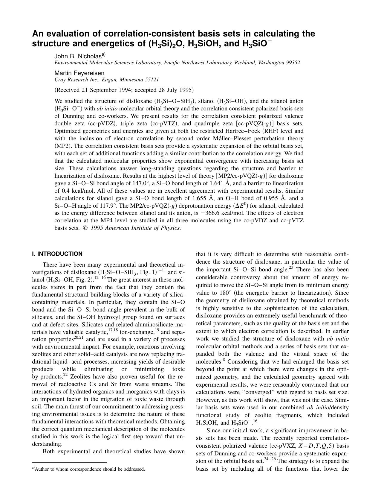 An evaluation of correlation-consistent basis sets in calculating the structure and energetics of [H 3 Si]2 O, H 3 SiOH, and H 3 SiO 2 by John B. Nicholas & Martin Feyereisen