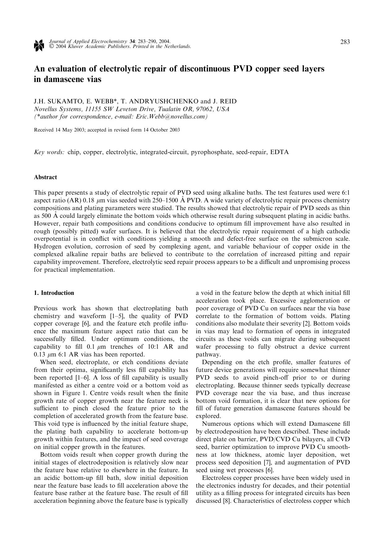 An evaluation of electrolytic repair of discontinuous PVD copper seed layers in damascene vias by Unknown