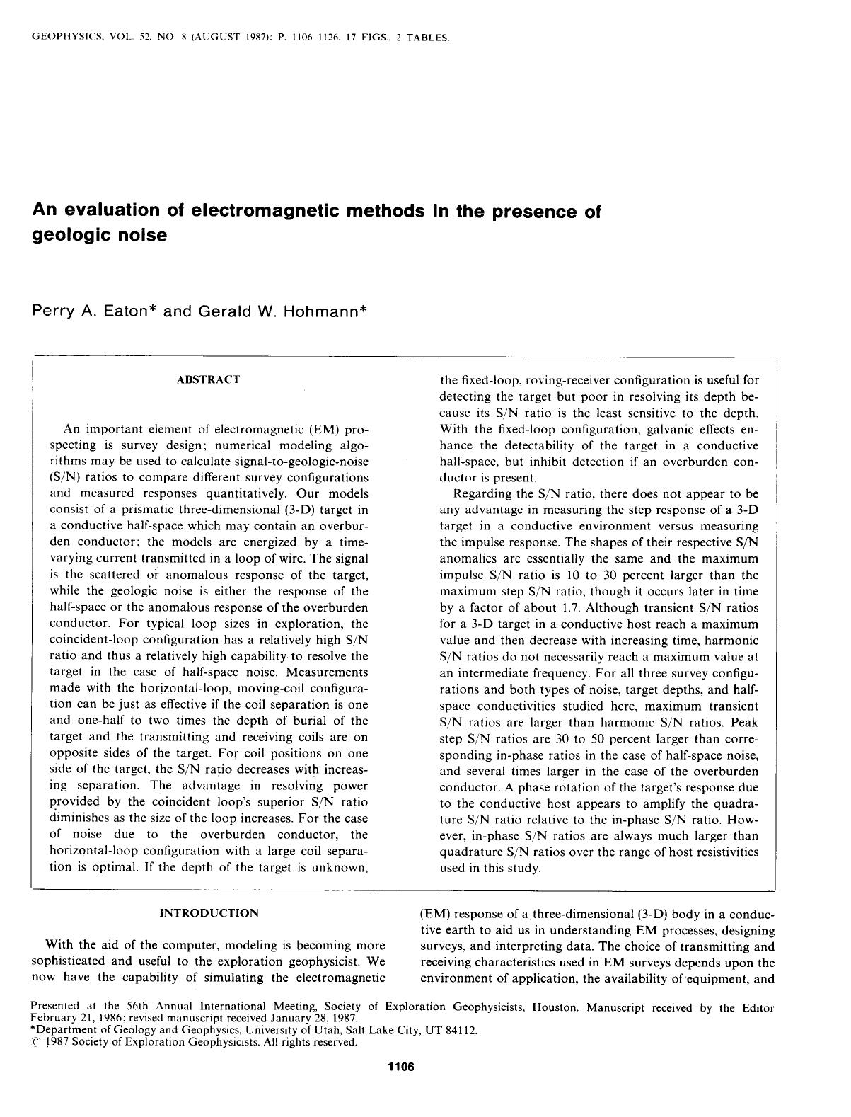 An evaluation of electromagnetic methods in the presence of geologic noise by Eaton P. A.; Hohmann G. W
