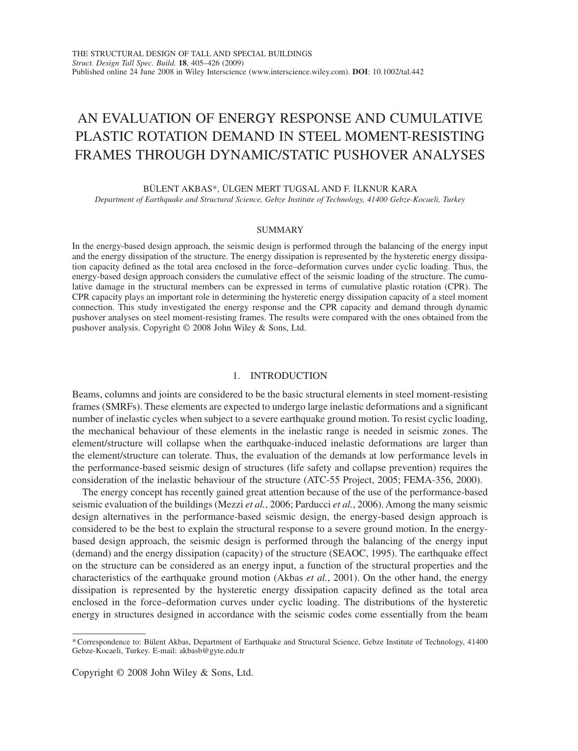 An evaluation of energy response and cumulative plastic rotation demand in steel moment-resisting frames through dynamicstatic pushover analyses by owen