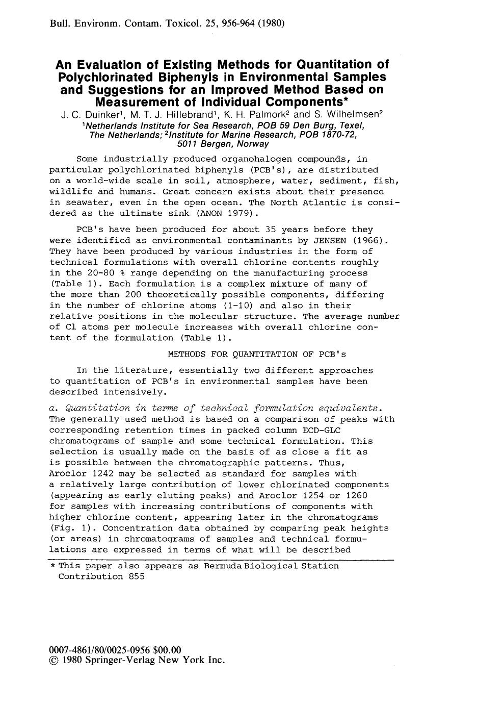 An evaluation of existing methods for quantitation of polychlorinated biphenyls in environmental samples and suggestions for an improved method based on measurement of individual components by Unknown