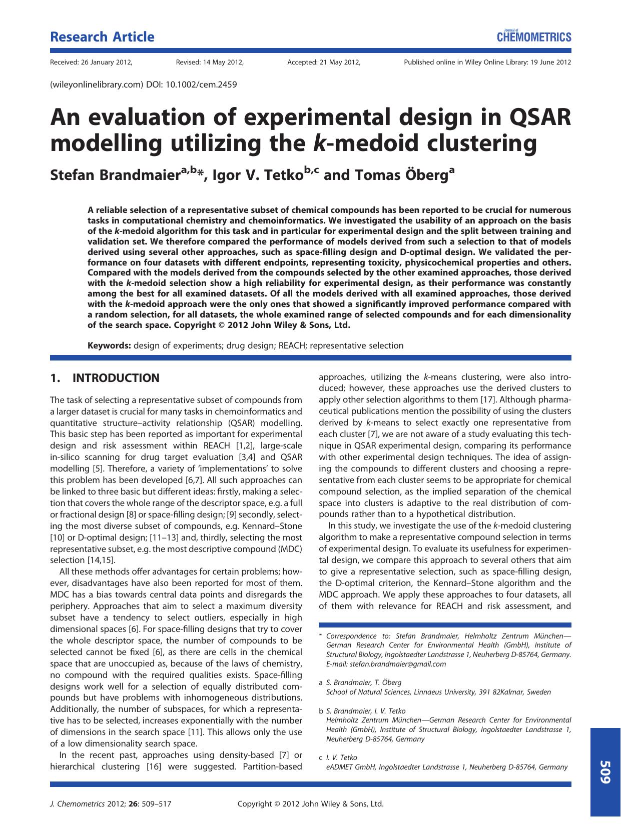 An evaluation of experimental design in QSAR modelling utilizing the kmedoid clustering by Unknown