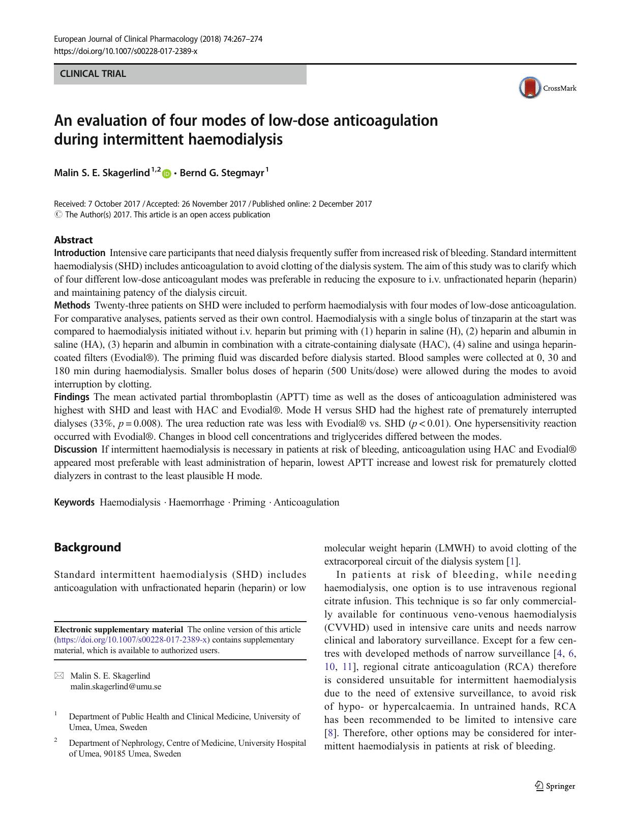 An evaluation of four modes of low-dose anticoagulation during intermittent haemodialysis by Malin S. E. Skagerlind & Bernd G. Stegmayr