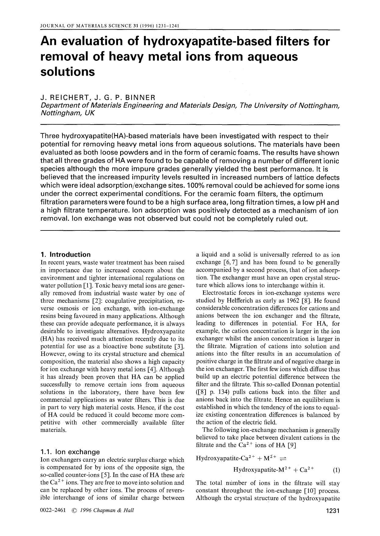 An evaluation of hydroxyapatite-based filters for removal of heavy metal ions from aqueous solutions by Unknown
