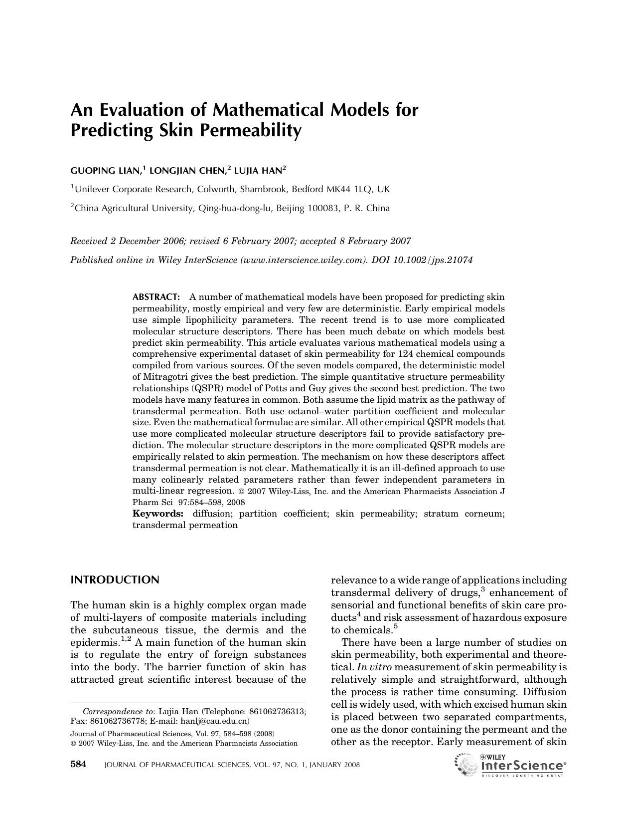 An evaluation of mathematical models for predicting skin permeability by Unknown