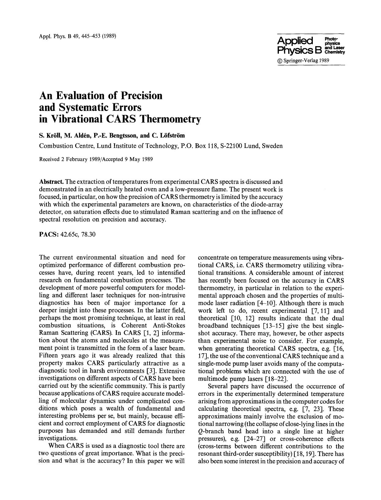 An evaluation of precision and systematic errors in vibrational CARS thermometry by Unknown