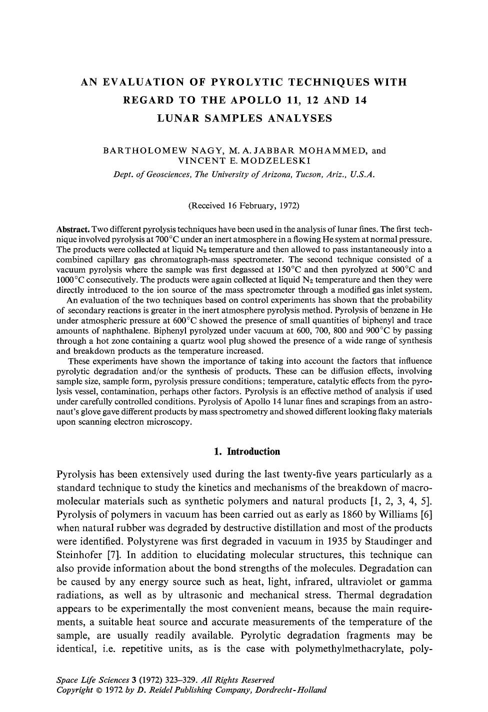 An evaluation of pyrolytic techniques with regard to the Apollo 11, 12 and 14 lunar samples analyses by Unknown