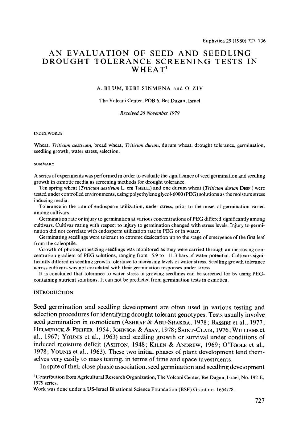 An evaluation of seed and seedling drought tolerance screening tests in wheat by Unknown