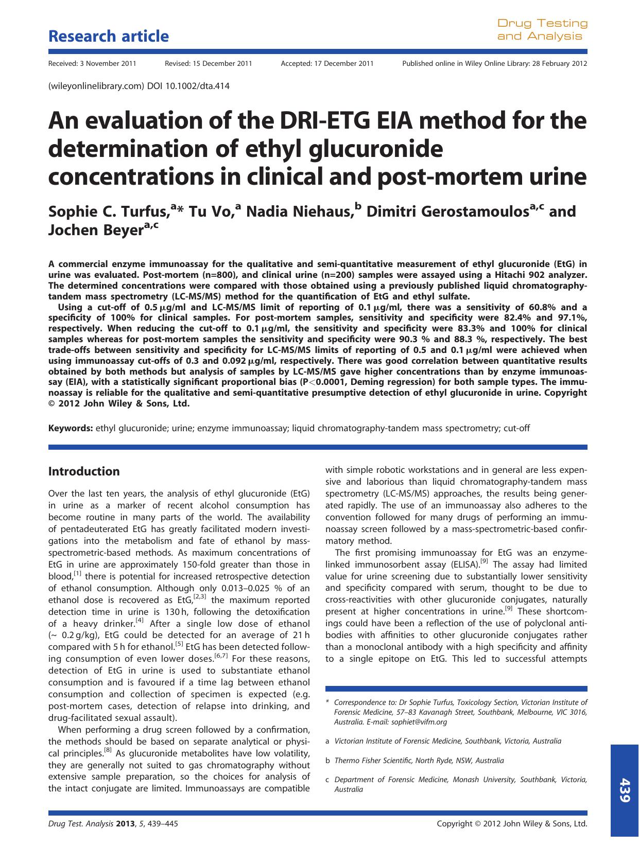 An evaluation of the DRIETG EIA method for the determination of ethyl glucuronide concentrations in clinical and postmortem urine by Unknown