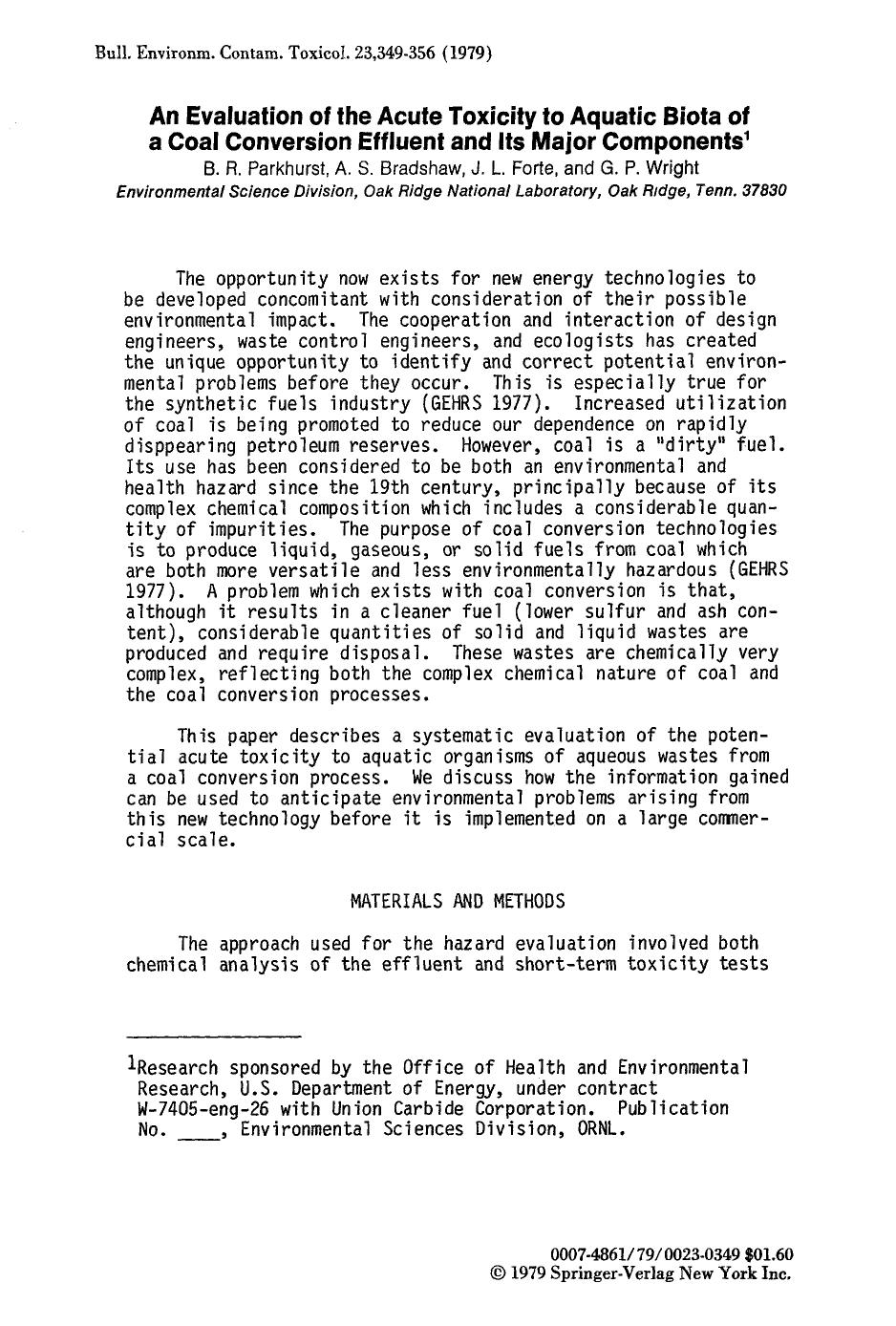 An evaluation of the acute toxicity to aquatic biota of a coal conversion effluent and its major components by Unknown