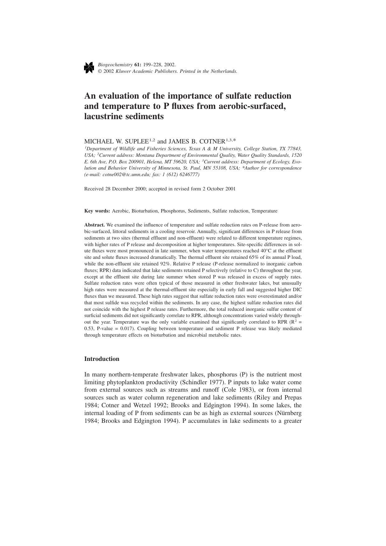 An evaluation of the importance of sulfate reduction and temperature to P fluxes from aerobic-surfaced, lacustrine sediments by Unknown