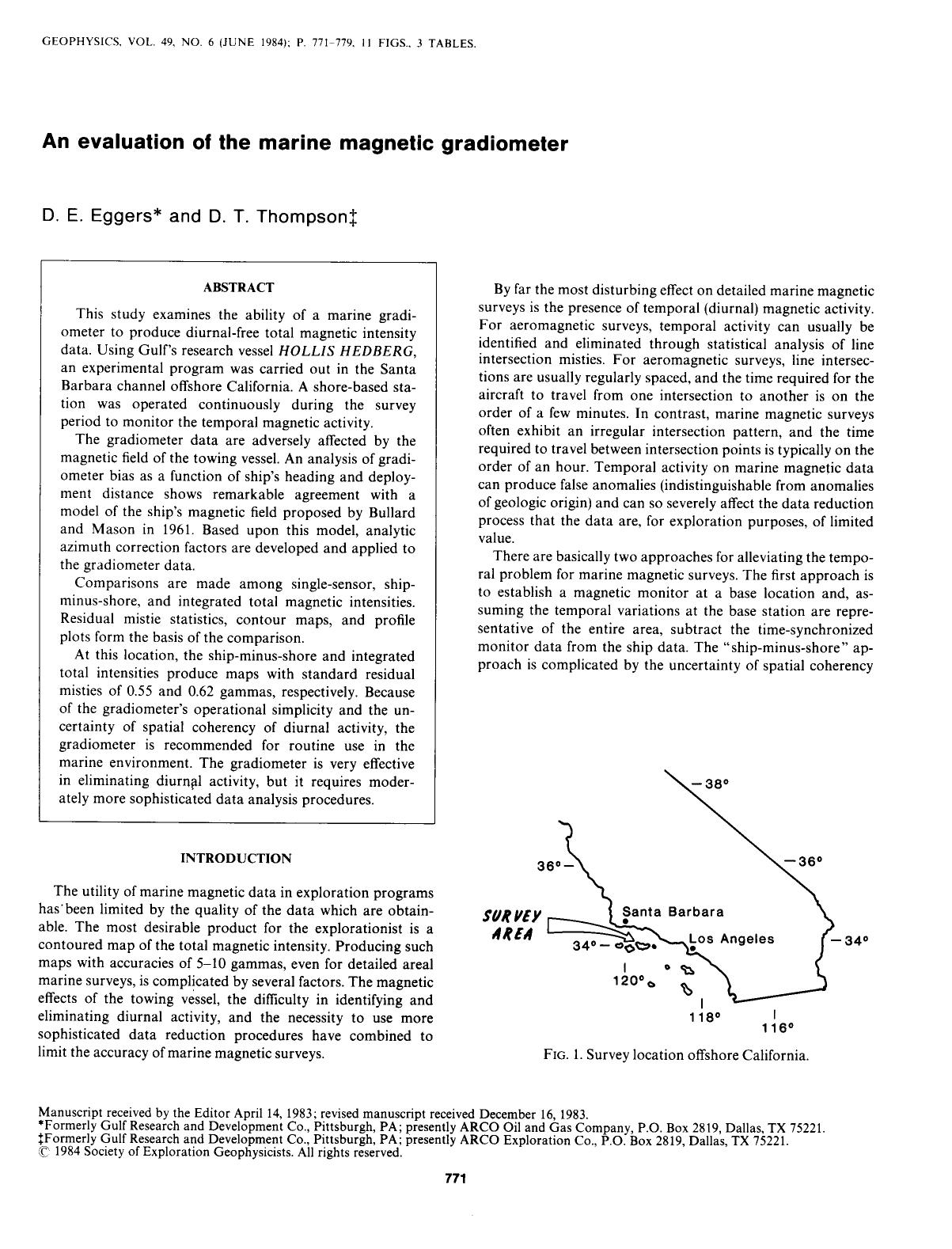 An evaluation of the marine magnetic gradiometer by Eggers D. E.; Thompson D. T