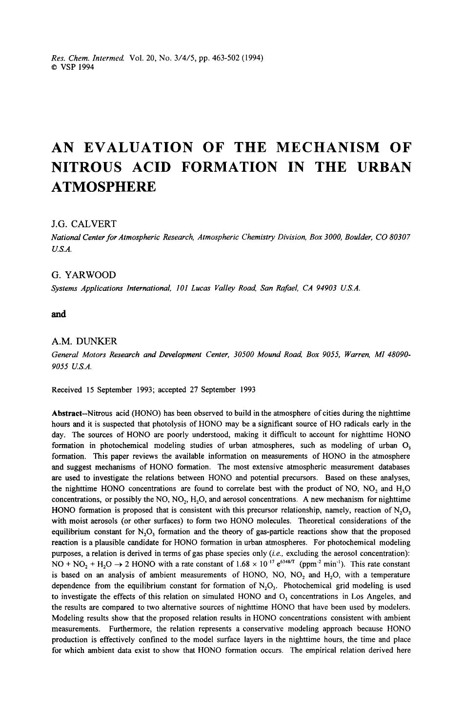 An evaluation of the mechanism of nitrous acid formation in the urban atmosphere by Unknown