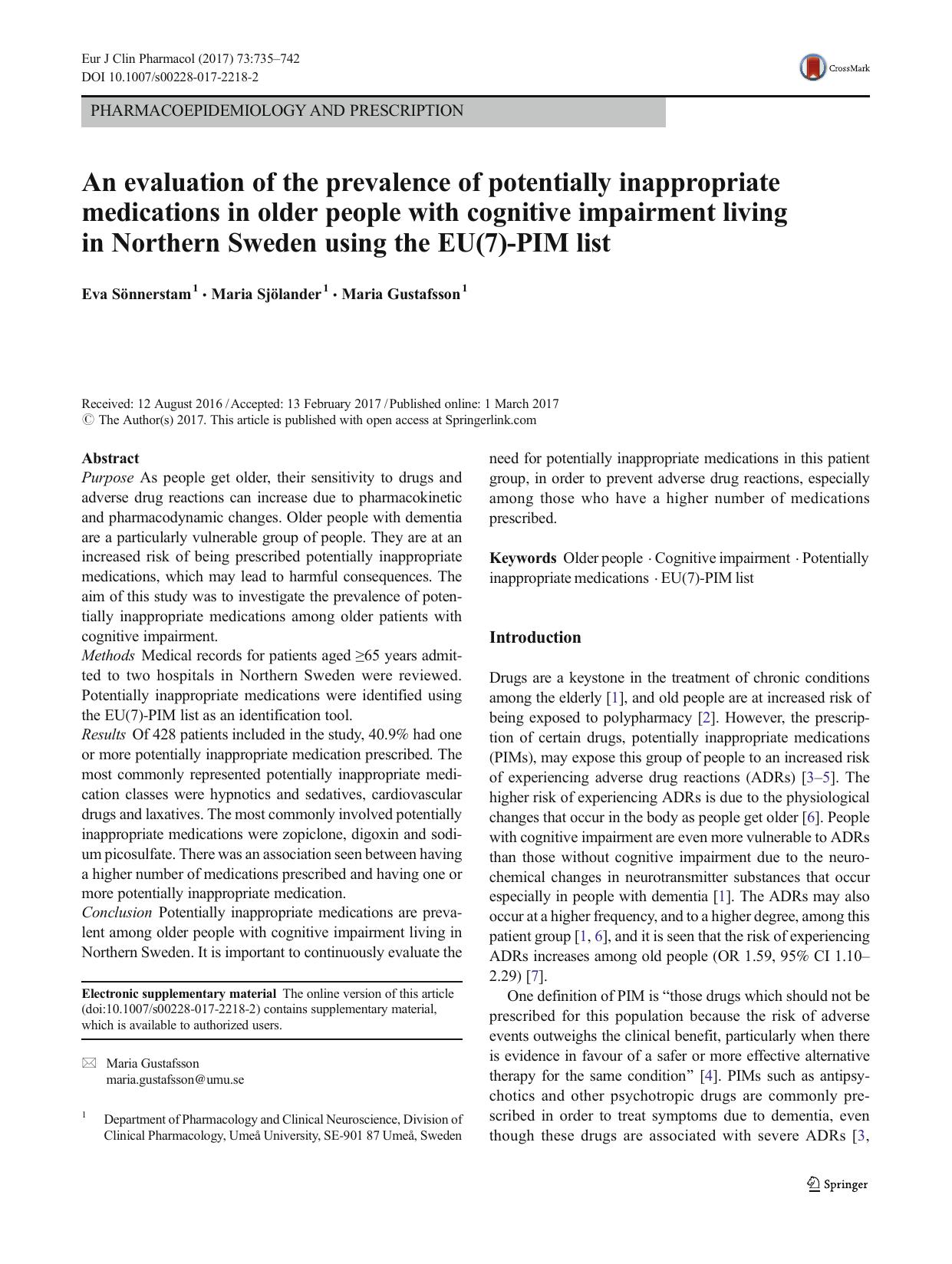 An evaluation of the prevalence of potentially inappropriate medications in older people with cognitive impairment living in Northern Sweden using the EU(7)-PIM list by Eva Sönnerstam & Maria Sjölander & Maria Gustafsson