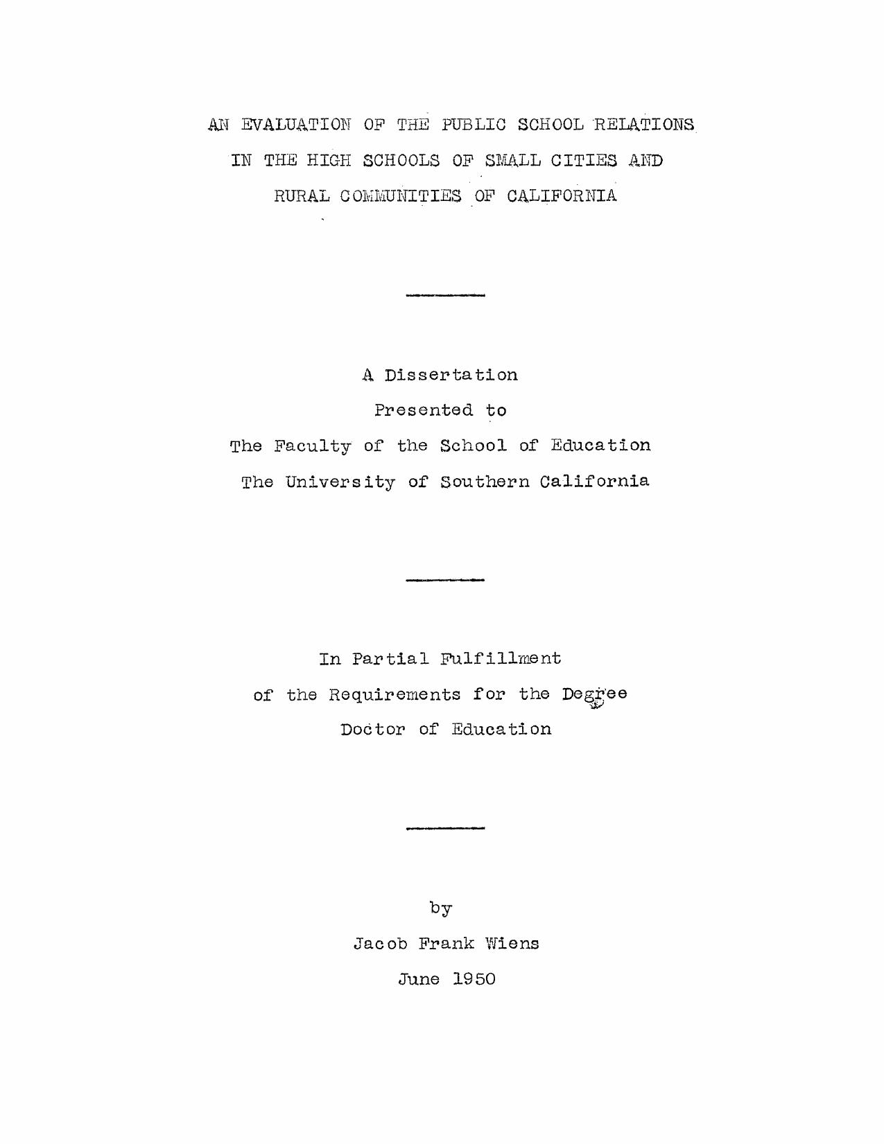 An evaluation of the public school relations in the high schools of small cities and rural communities of California by Wiens Jacob Frank