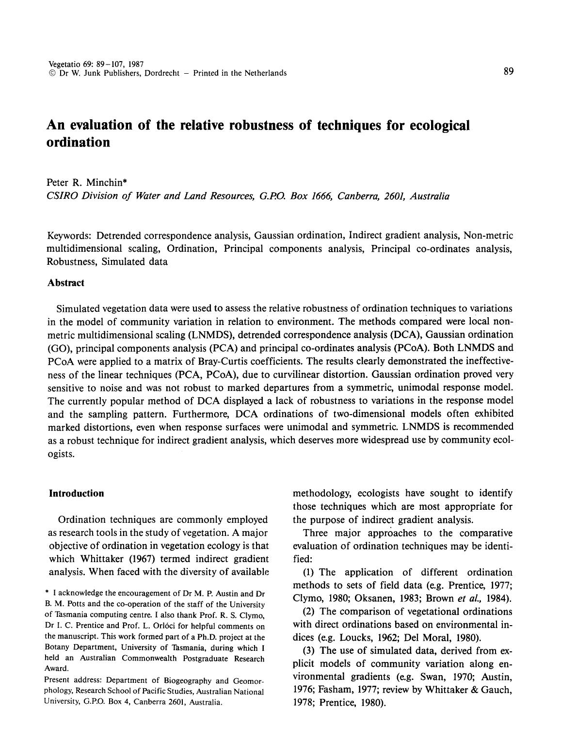An evaluation of the relative robustness of techniques for ecological ordination by Unknown