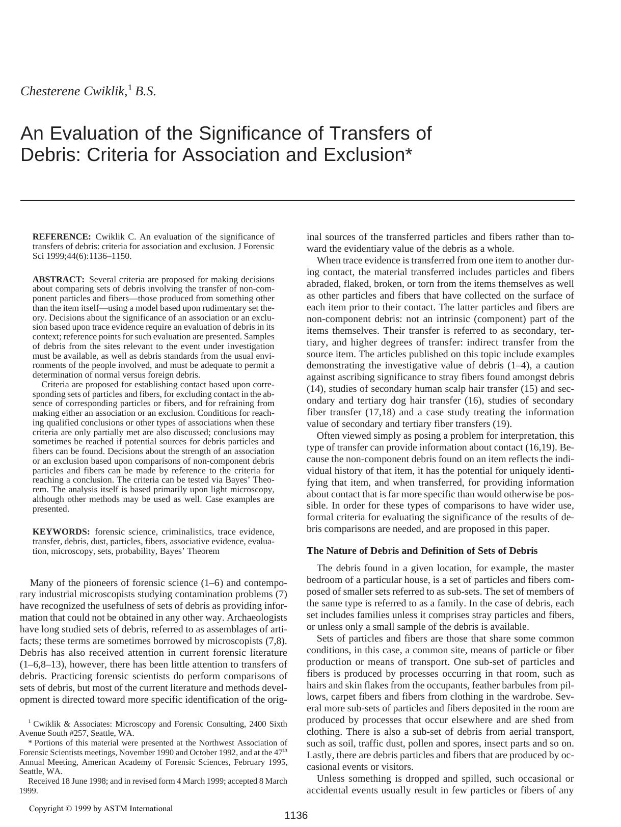 An evaluation of the significance of transfers of debris: criteria for association and exclusion by Cwiklik C