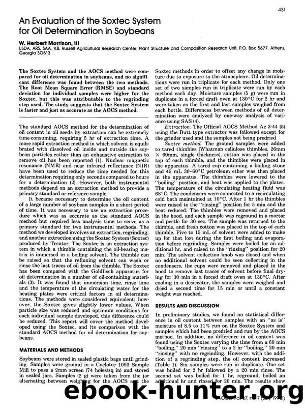 An evaluation of the soxtec system for oil determination in soybeans by Unknown