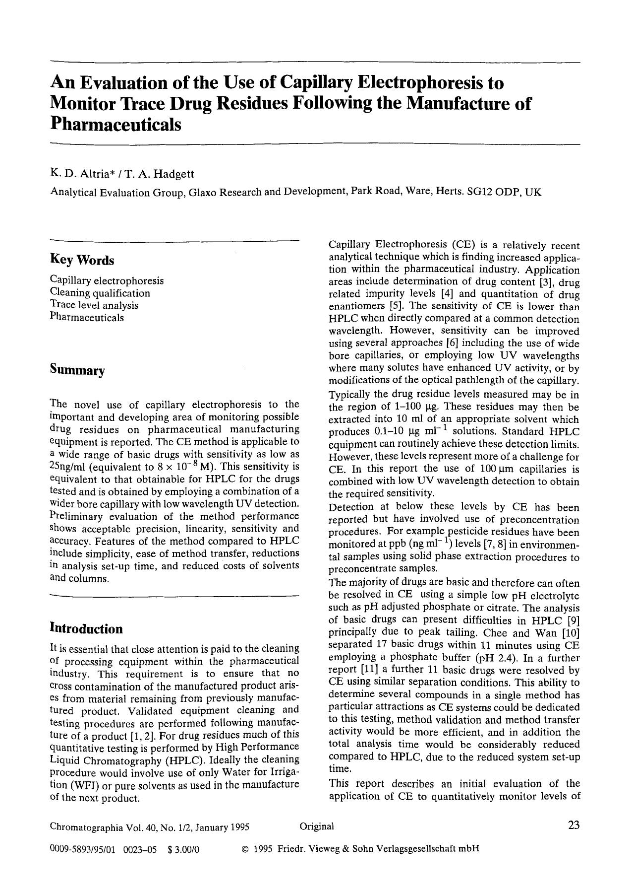 An evaluation of the use of capillary electrophoresis to monitor trace drug residues following the manufacture of pharmaceuticals by Unknown