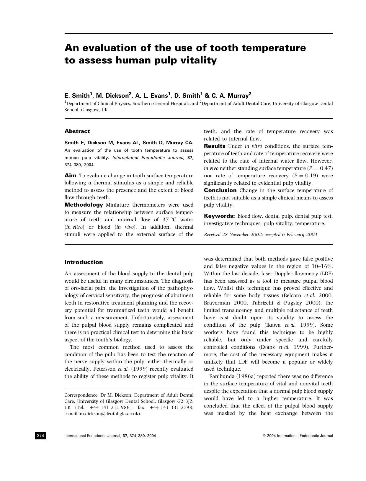 An evaluation of the use of tooth temperature to assess human pulp vitality by Unknown