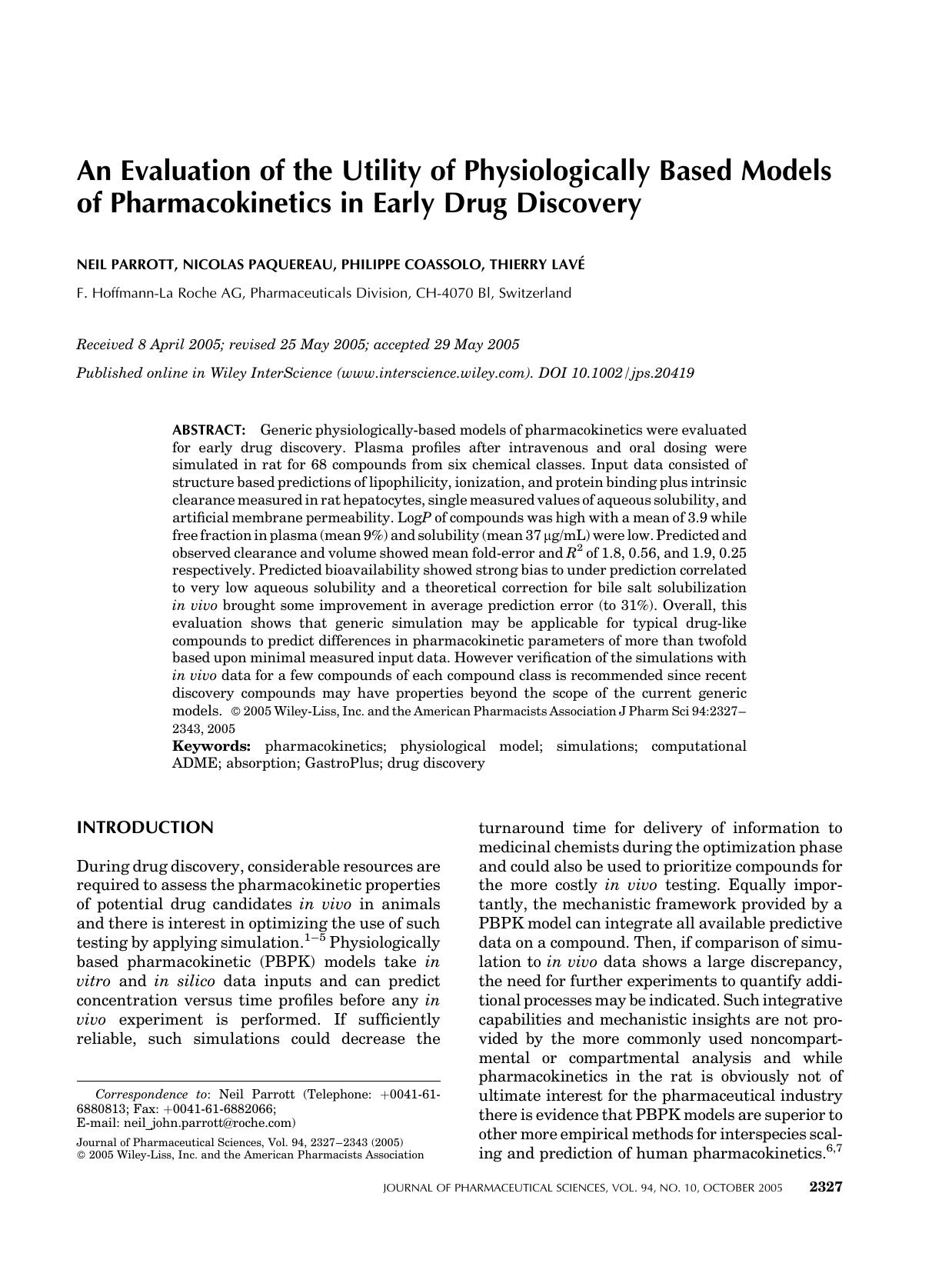 An evaluation of the utility of physiologically based models of pharmacokinetics in early drug discovery by Unknown