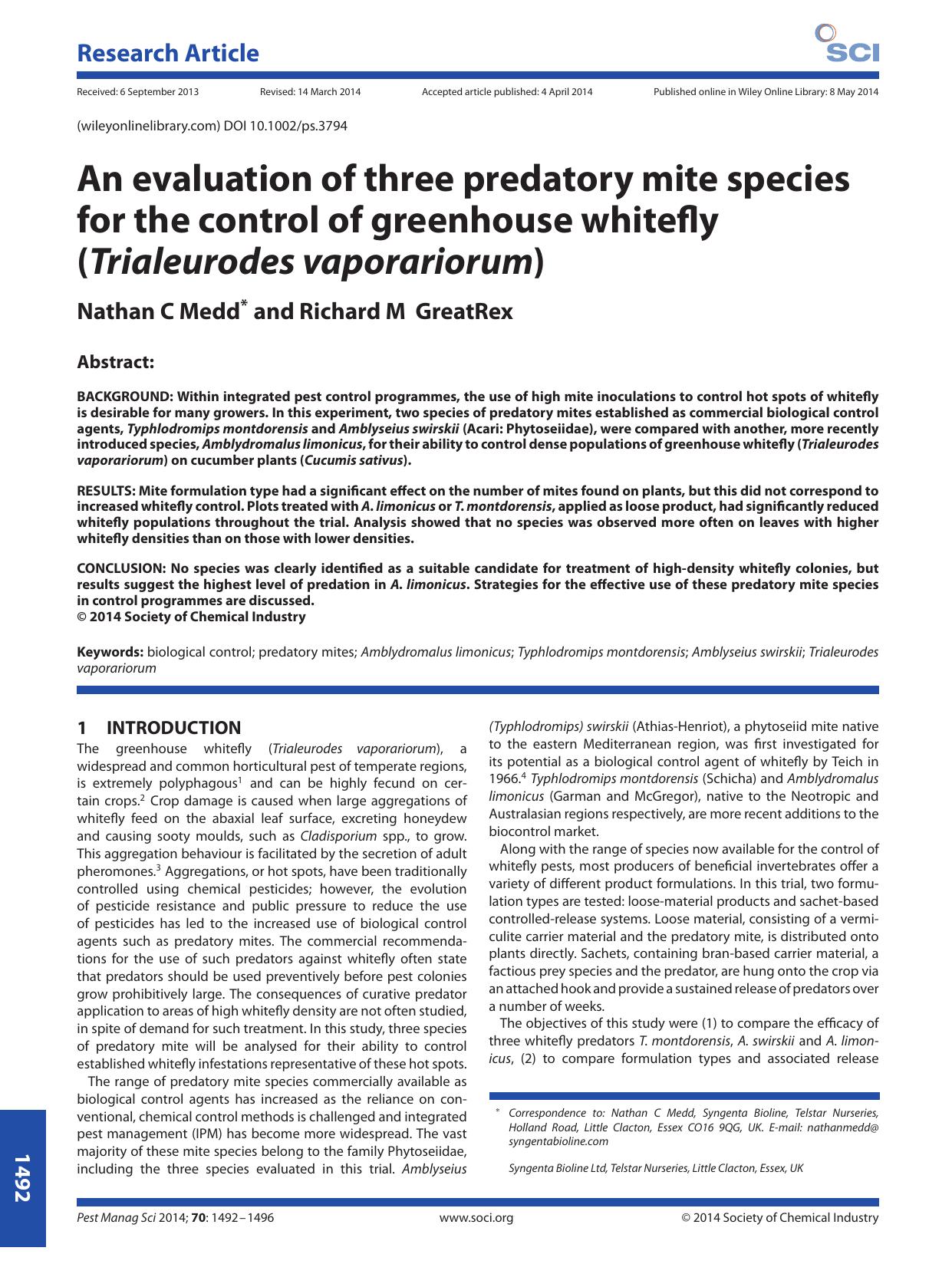 An evaluation of three predatory mite species for the control of greenhouse whitefly (Trialeurodes vaporariorum) by Unknown