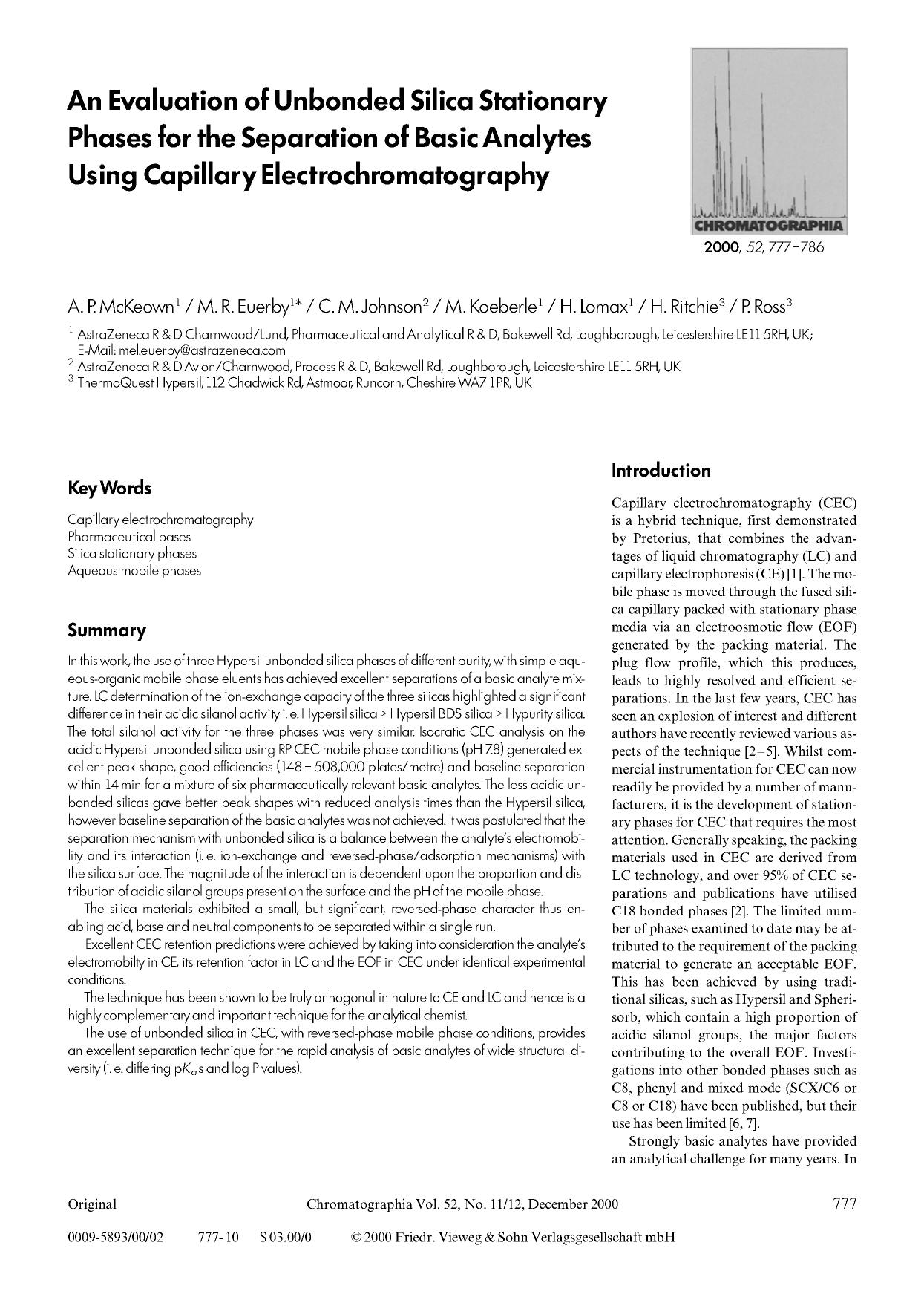 An evaluation of unbonded silica stationary phases for the separation of basic analytes using capillary electrochromatography by Unknown