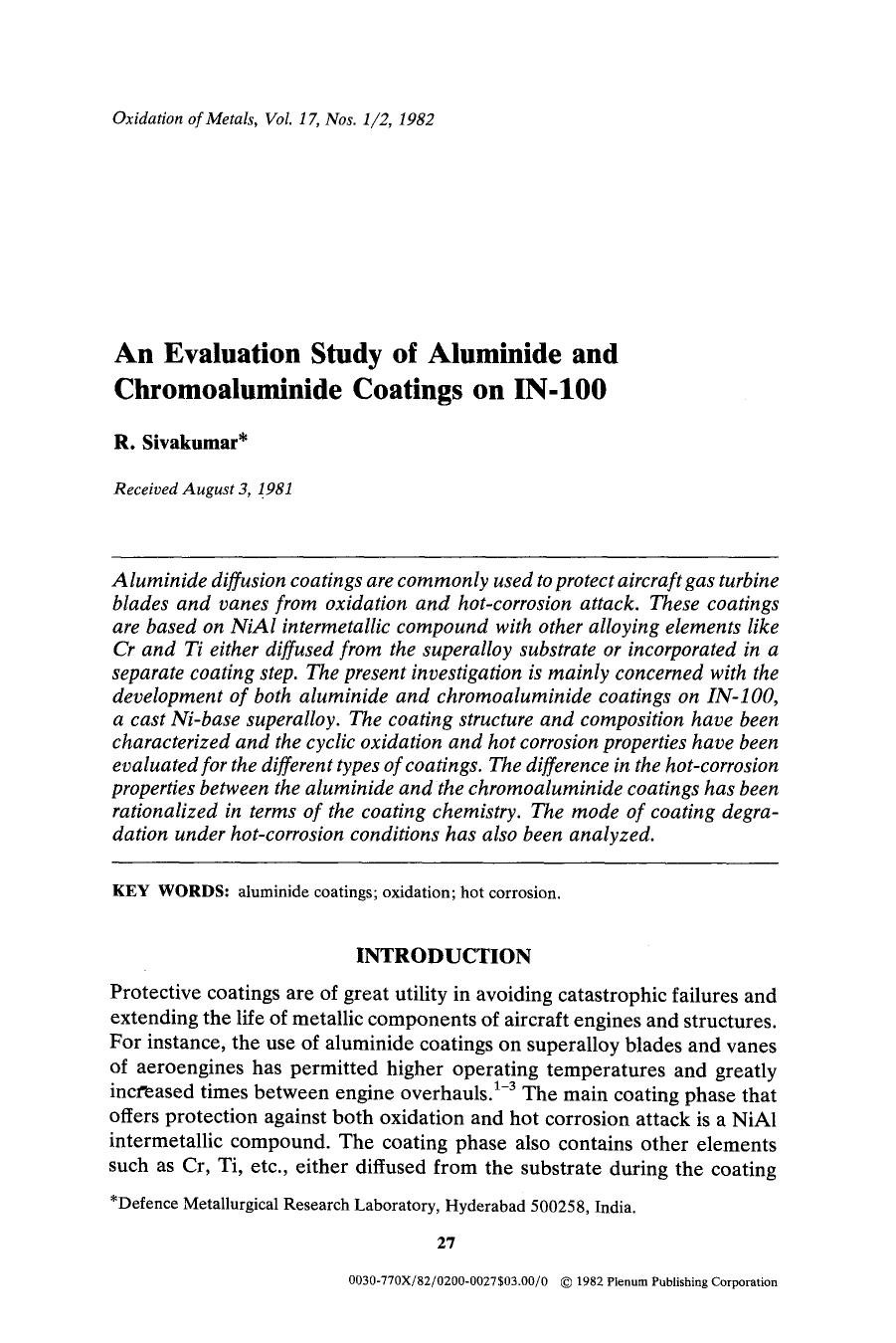 An evaluation study of aluminide and chromoaluminide coatings on IN-100 by Unknown
