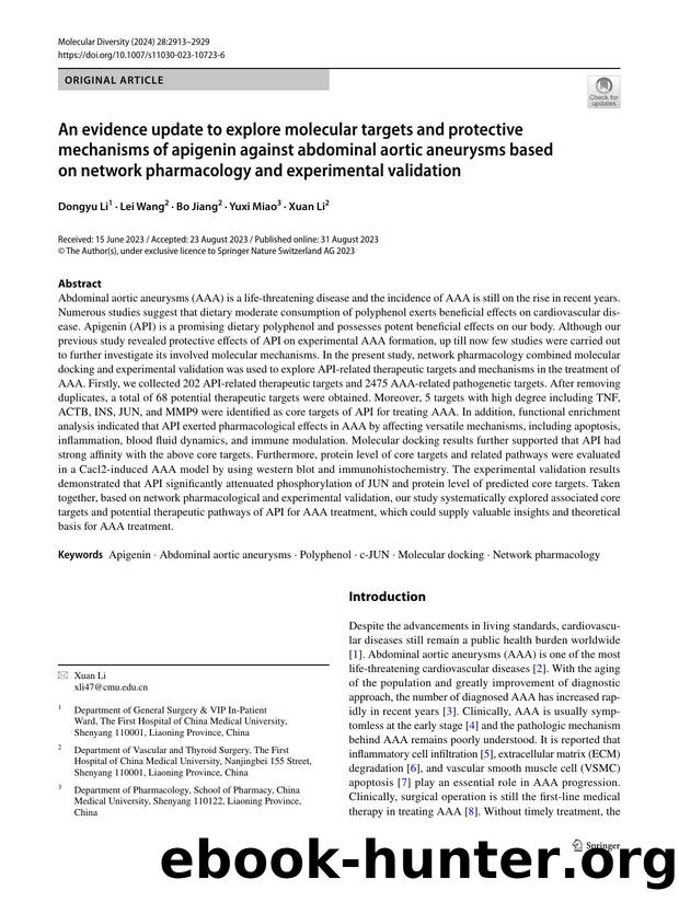 An evidence update to explore molecular targets and protective mechanisms of apigenin against abdominal aortic aneurysms based on network pharmacology and experimental validation by Dongyu Li & Lei Wang & Bo Jiang & Yuxi Miao & Xuan Li