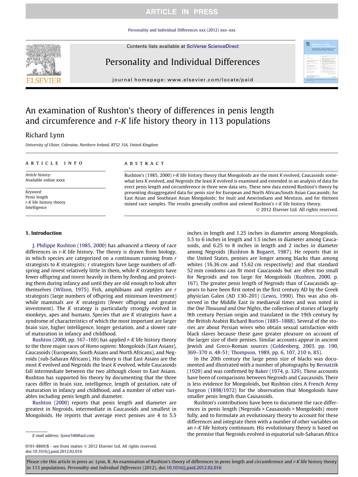 An examination of RushtonÃ¢â¬â¢s theory of differences in penis length and circumference and r-K life history theory in 113 populations by Richard Lynn