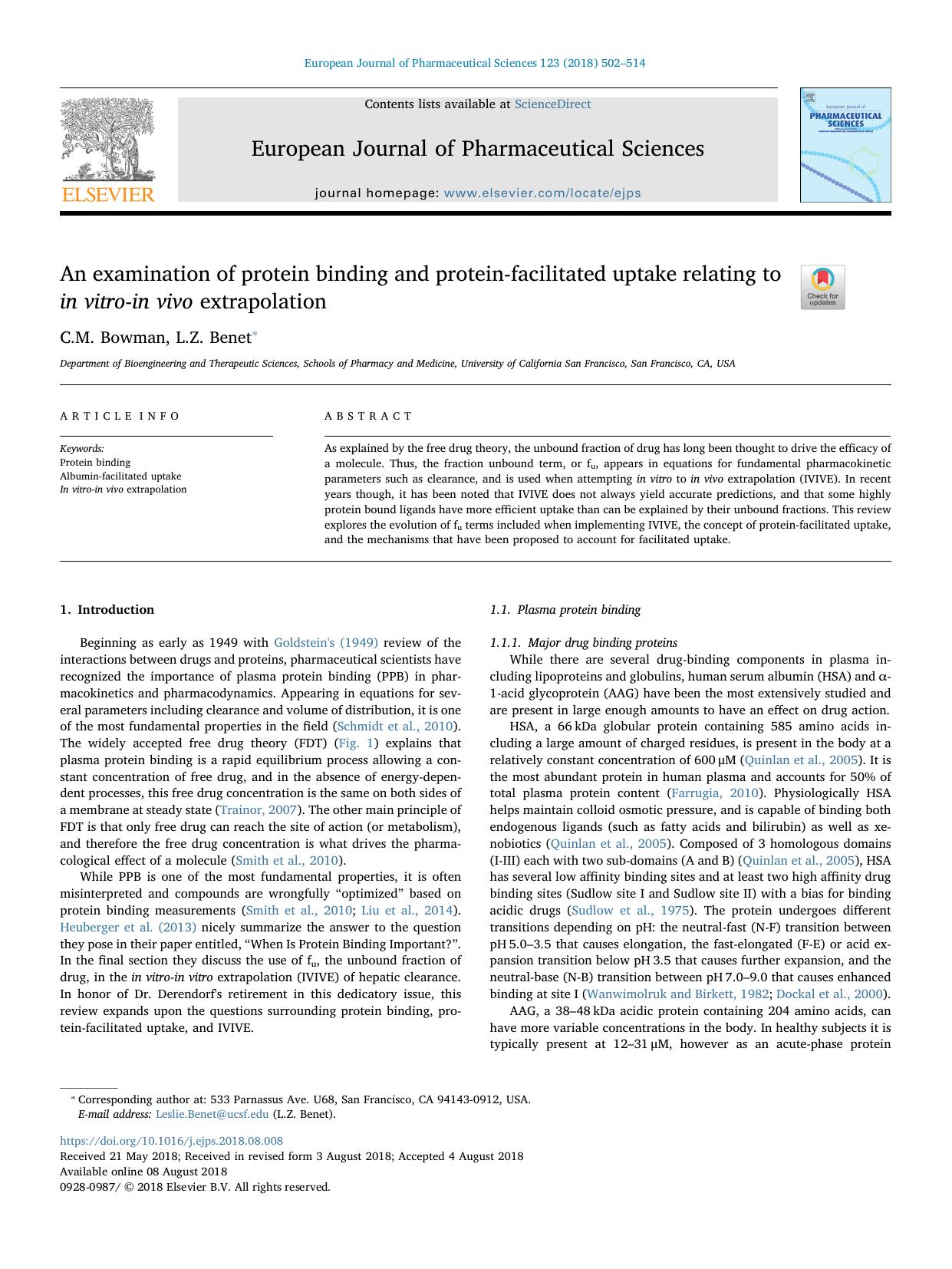 An examination of protein binding and protein-facilitated uptake relating to in vitro-in vivo extrapolation by C.M. Bowman & L.Z. Benet