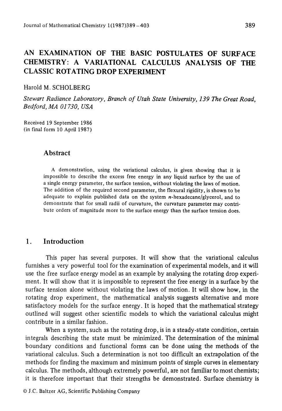 An examination of the basic postulates of surface chemistry: A variational calculus analysis of the classic rotating drop experiment by Unknown