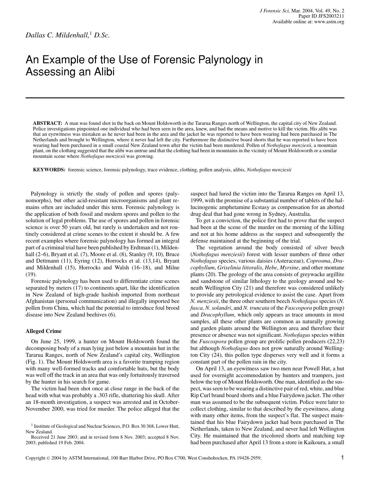 An example of the use of forensic palynology in assessing an alibi by Mildenhall DC